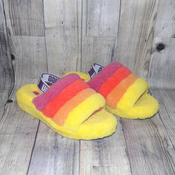 UGG Fluff Yeah Yellow Stripe Slide Slippers Womens Size 10 - Picture 1 of 7